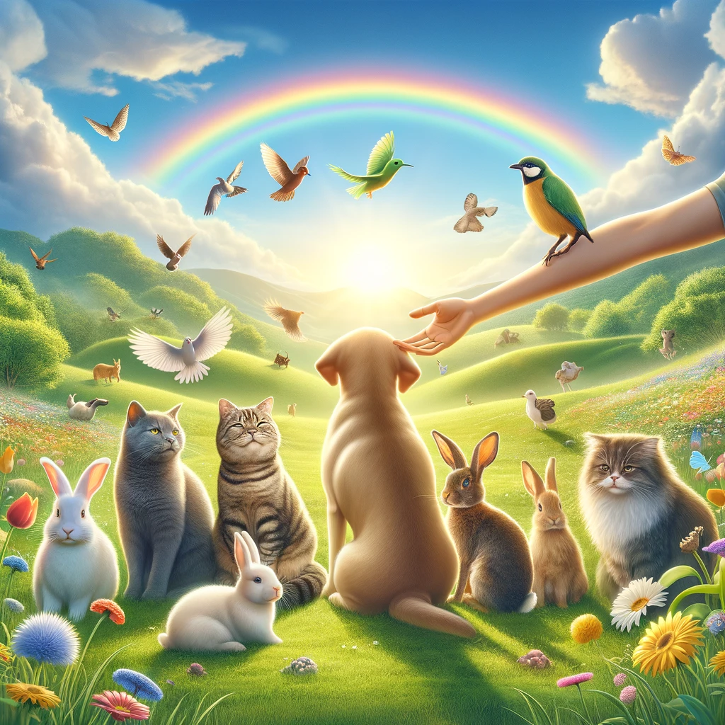 A serene scene of a human hand gently petting a dog among a group of animals in a sunny meadow, with a rainbow in the background.